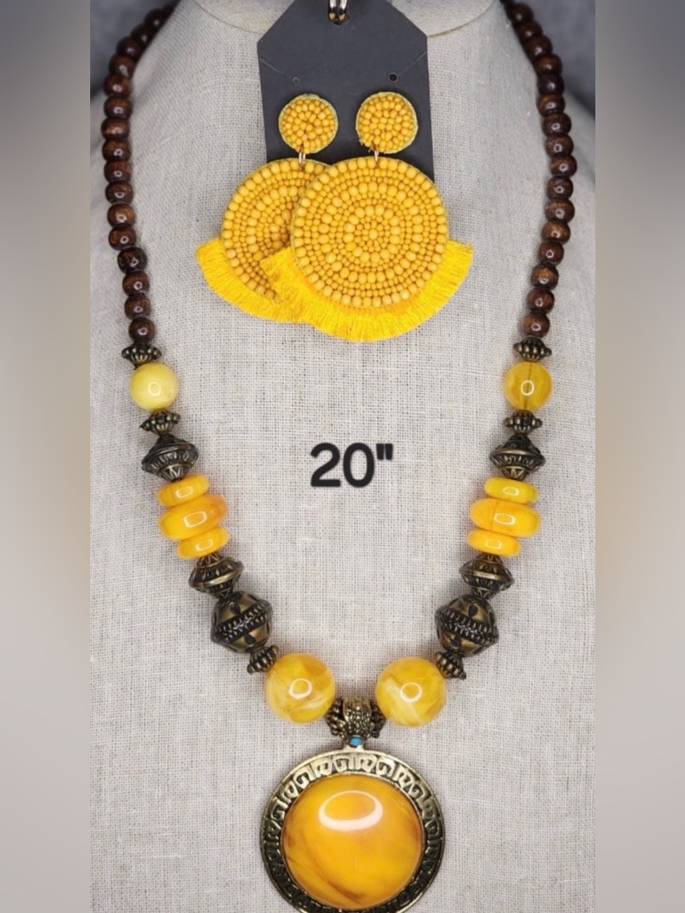 204. Yellow Beaded Statement Necklace and Earrings Set